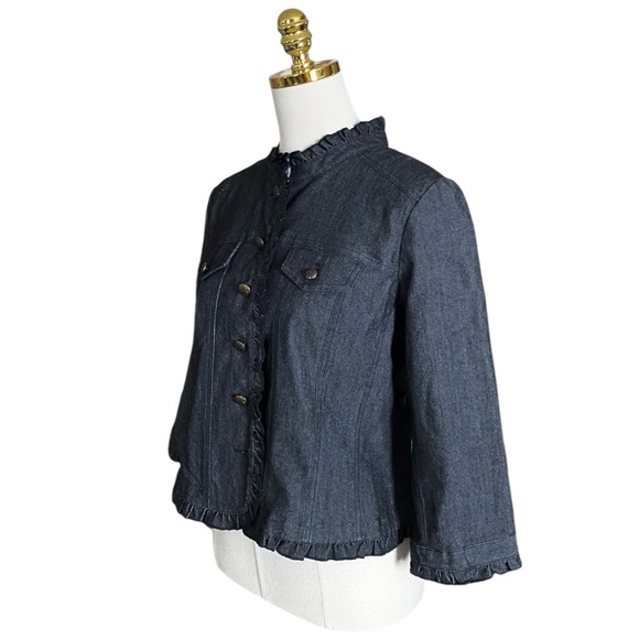 SANDRO | Women’s Ruffle Trim Black Denim Button Down Jacket Size PM - Picture 3 of 6